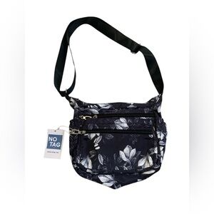 NIB NO TAG Black & White Floral Nylon Crossbody Shoulder Bag Multi-Zip Pockets